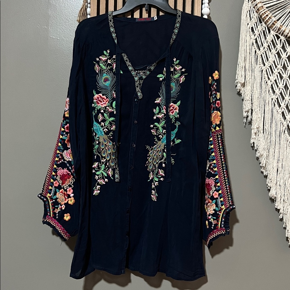 Johnny Was Black Blouse with Multicolor Embroidery